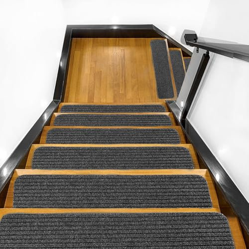 QIEERXI 15 PCS Stair Tread Pads Non-Slip Wooden Step Protectors - 20 x 76cm Stair Carpet Treads Reusable Stair Runner Rugs Carpet Covers for Indoor, Wooden Steps, Home, Pets, Kids & Elders (Black)