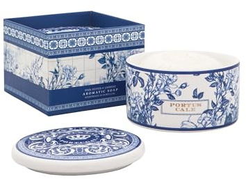 Portus Cale Gold & Blue Luxury Soap in Porcelain Jewel Box – 150g Bar – Pink Pepper & Jasmine – Palm Oil Free – Handcrafted in Portugal by Castelbel – Artisan Gift Soap with Ceramic Keepsake