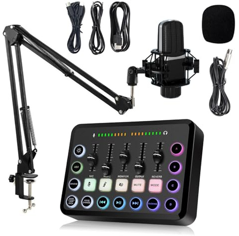 Ensemble d'équipement de podcast pour 1, interface audio avec microphone à condensateur XLR et câble audio de 3,5 mm, lumière RVB, muet, alimentation fantôme 48 V pour streaming, jeux, enregistrement