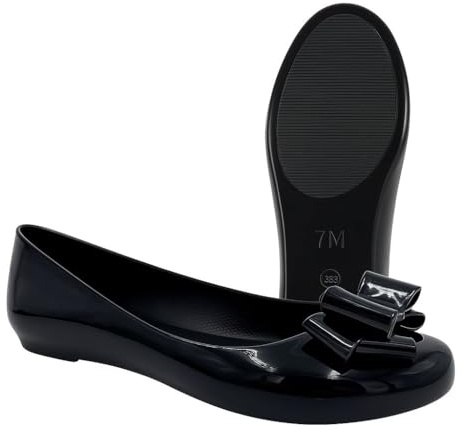Moelund Women’s Jelly Ballet Flats – Black Slip-On Ballerina Shoes with Bow, Comfortable Closed-Toe Casual Pumps for Work, School & Everyday Wear Patent Black UK-4