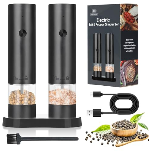 Electric Salt and Pepper Grinder Set,USB Rechargeable Automatic Pepper Mill with Storage Base,Adjustable Coarseness Spice Grinder Set Washable Container for Kitchen/Picnic/BBQ