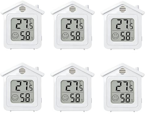 TermóMetro/Higrometro Mini LCD, Pack De 6 Unidades, Medidor de Humedad Para Interiores Con Imán e Indicador de Carita Sonriente. Apto para Espacios Interiores como Sala de Estar, Dormitorio