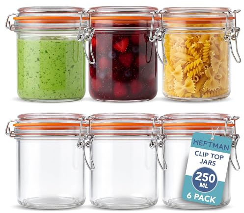HEFTMAN Barattoli in vetro con chiusura a clip - Set di 6 barattoli in vetro da 250 ml ermetici con coperchi e guarnizione in silicone per pasta, lievito madre, chutney, sottaceti, organizzazione