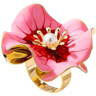 IMINI Large Enamel Floral Statement Ring for Women, Gold Tone Plated Adjustable Open Wrap Finger Band with Faux Pearl, Lightweight Flower Promise Wedding Jewellery Comfort Fit (Q-Y)