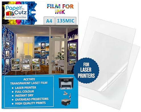 Papercutz A4 Laser Acetate Sheets (50 Sheets), 135 Micron Acetate Sheets A4, Transparent Paper for Printing, Overhead Projector Film, OHP Sheet, Clear Plastic Sheeting for Crafting