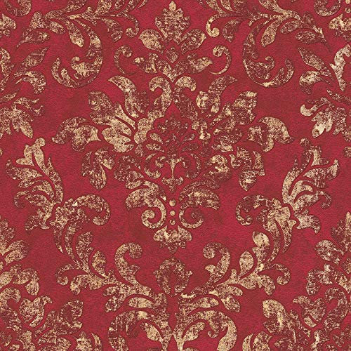 Barock Tapete in Rot und Gold | Vintage Tapete mit elegantem Ornament | Neobarock Vliestapete ideal für Schlafzimmer und Bars