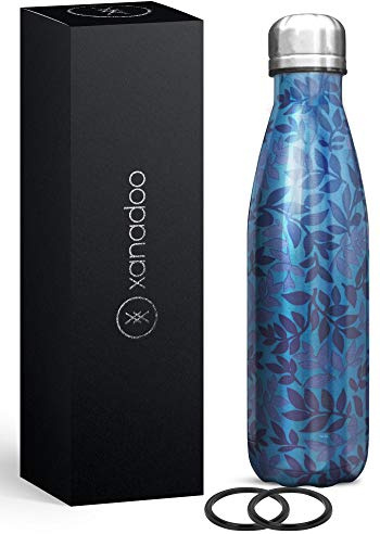 Xanadoo Edelstahl Trinkflasche Kohlensäure geeignet I Eco Thermosflasche ohne Plastik, BPA-frei & auslaufsicher I Isolierte Wasserflasche für Camping, Outdoor, Sport, Schule (Leafs, 500ml)