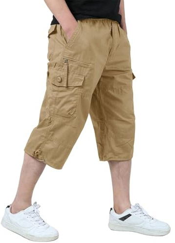 KEFITEVD Pantalon Corto Cargo Hombre Algodón Ajuste Holgado Multibolsillos