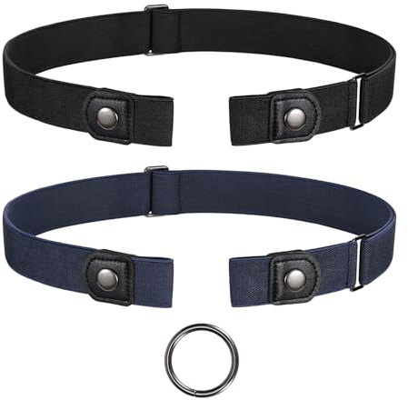 JasGood 2 stycken bälten utan spänne, elastiskt osynligt bälte, stretchigt bälte för kvinnor och män, justerbart spänne fritt bälte för jeansbyxor, D-svart + blå, Anzug für Taillengröße 55cm-90cm(23
