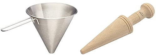 LACOR Colador Chino Varilla, Acero, Plateado, 20 Cm + - 60300 - Mano De Chino, Mortero De Madera, para Colador Chino De Cocina, Madera De Haya Natural, 23.5Cm