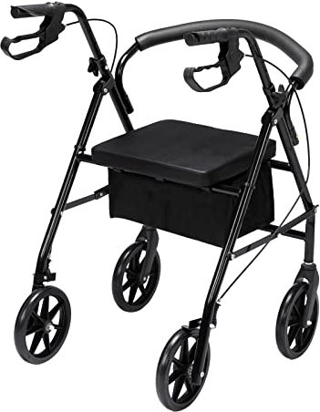 Bonnlo Rollator Walkers, Lightweight All Terrain Walkers w/Extra Wide Padded Seat for Seniors Easy Folding Medical Walker with 8'' Wheels, Storage Pouch, Padded Backrest, Supports up to 300 lbs,Black