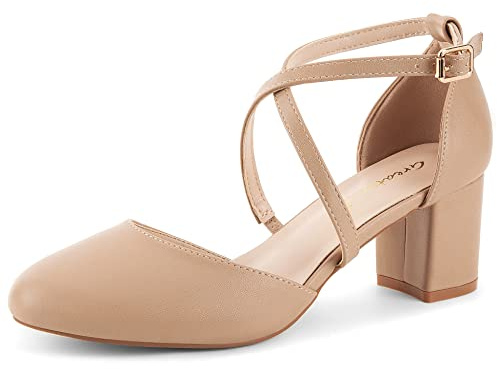Greatonu Womens Court Shoes Mid Heel Chunky Dress Sandals Ladies Ankle Strap Wedding Party Pumps Nude Size 6