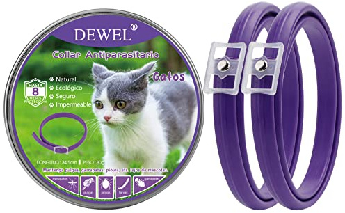 DEWEL Set de 2 Collar Antipulgas Gatos, Protección Efectiva de 8 Meses, Collar contra Pulgas Garrapatas Mosquitos y Piojos, Natural y Seguro para Perros Medianos Pequeños y Gatos, Morado, 34.5cm