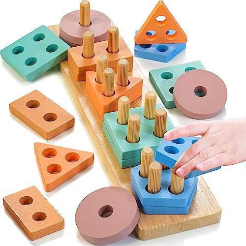 HELLOWOOD Holz Sortier- & Stapelspielzeug, Farbe Erkennung Form Sorter Steckpuzzle Montessori Pädagogisches Lernspielzeug für Mädchen Junge Kinder Alter 1 2 3