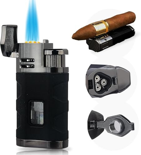 PROMISE Briquet-tempête en métal flamme torche triple jet, rechargeable au butane, butane non inclus - Noir craquelé