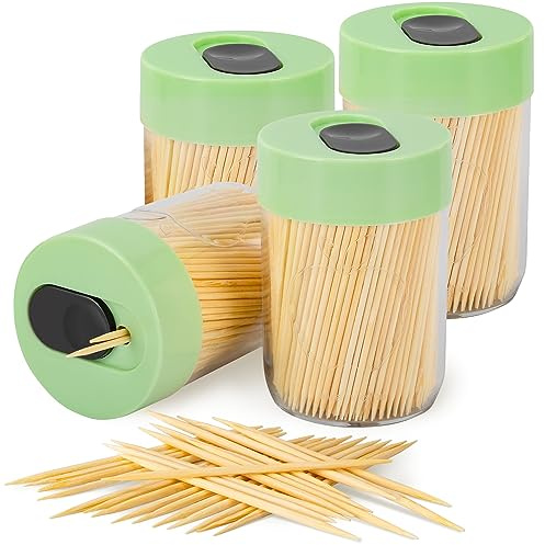 Urbanstrive Sturdy Safe Toothpick Holder with 1600 Natural Wood Toothpicks for Teeth Cleaning, Unique Home Design Decoration, Unusual Gift, 4 Pack (Green)