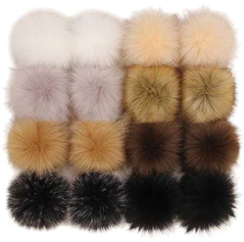 Wedhapy Faux Fur Pompombollar för Hattar 16 st Mjuka Fluffiga Pompombollar, 9,9 cm Pompombollar för Hatt med Elastiskt Band, DIY Pompombollar för Stickning Hatt Skor, Halsdukar, Väska Mössa Pom Pom