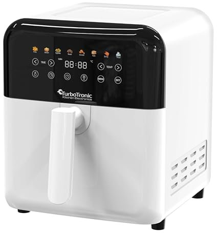 TurboTronic Heißluftfritteuse XXL 6 Liter, 1600W, 8 Programme, Timer, Airfryer Heissluftfritteuse Digital Fritteuse Fettfrei 1-60 Min Modernes Power Metall Design (Weiß)