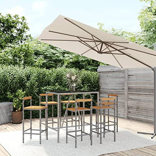 ShCuShan 7-TLG. Gartenbar-Set Stehtisch Outdoor Bartisch-Set Bar MöBel Bar Outdoor Theke Garten Theke Bar Grau Poly Rattan & Massivholz Akazie 3187695