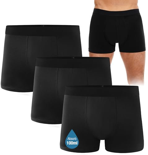 FORVEVO 3er Pack Inkontinenz Pants Männer Baumwolle,Waschbar Boxershorts Herren für Inkontinenz Underwear mit Saugfähigkeit Pants 100ml,Wiederverwendbar Unterhosen,Schwarz XL