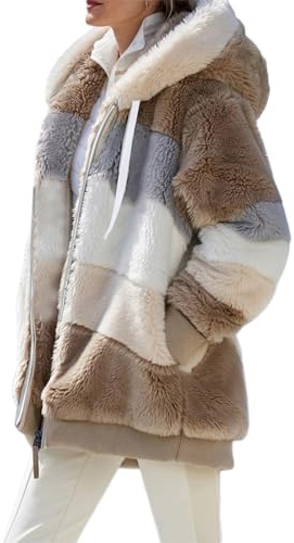 Felcia Women's Fleece Jacket Winter Warm Oversized Hoodie Cardigan Soft Long Sleeve Zipper Fluffy Teddy Jacket with Pockets Outerwear (A-Khaki, S)