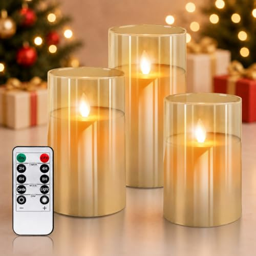 PinnWaa Velas LED sin Llama, 3 Piezas, Vidrio, Cera Real, Temporizador, Oro