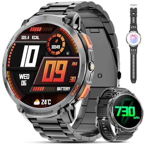 Haulvean militärisk smartklocka för män med Bluetooth-samtal, 1,85-tums HD-skärm, 730 mAh batteri, IP68. Fitness tracker med LED-ficklampa, 24/7 puls, sömnmonitoring, med Android och iOS.