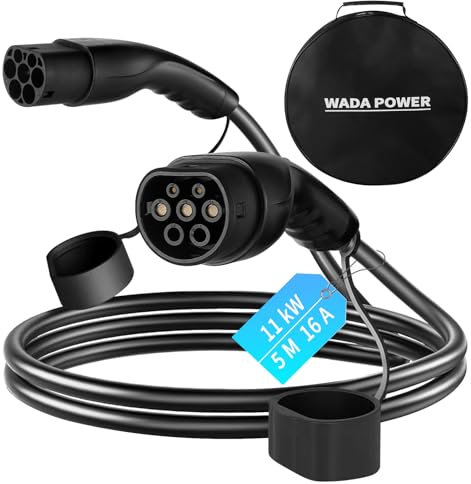 WADA POWER Cavo Ricarica Auto Elettrica Tipo 2: Cavo di Ricarica per Veicoli Elettrici 11KW 16A, Compatibile con Tutti i Modelli Tipo 2/CCS2, EV/PHEV, IEC 62196-2, 5M, Borsa Inclusa