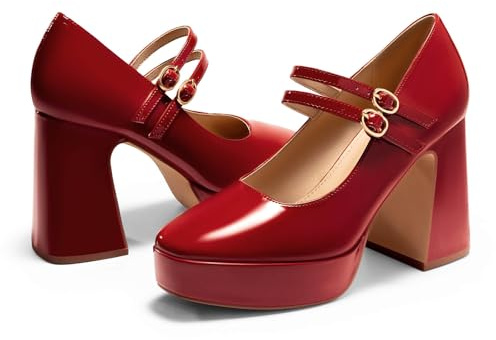 Coutgo Womens Mary Jane Platform High Heels Chunky Block Heel Closed Toe Pumps Buckle Strap Wedding Dress Shoes, Red, 7.5 UK