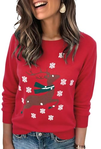 Crewhpo Jersey Navideño Mujer Suéter de Navidad Invierno de Cuello Redondo Manga Larga Ropa de Punto Jerséis con Copos de Nieve de Reno
