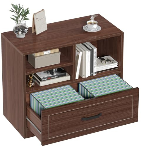 LVB Wood Lateral Filing Cabinet with Drawer, Farmhouse File Cabinet Printer Stand with Storage Shelves, Printer Cabinet Fits A4 Letter Legal Size with Hanging File Folder for Home Office, 83CM, Walnut
