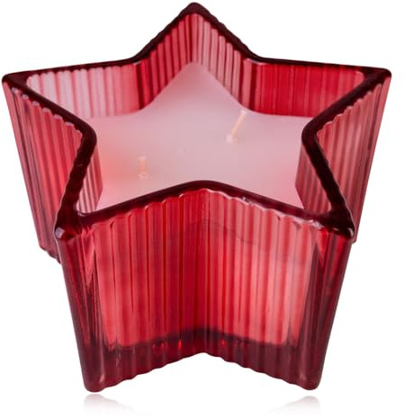 Accentra Candela profumata a tre stoppini 240 g in vetro a forma di stella, candela decorativa Natale, profumo mela & cannella, colore rosso