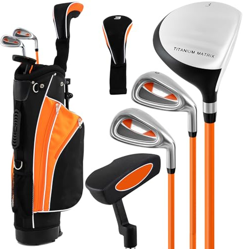 SPOTRAVEL 6 PCS Junior Golf Club Set, Youth Practice Golf Set with 3# Fairway Wood, 7# & 9# Irons, Putter, Head Cover & Stand Bag, Children Golf Package Set for 8-10 Years Old, Right Hand (Orange)