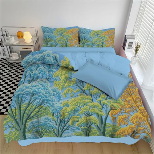 DLERFLOVR 104 x 90 Bedding Set Autumn Trees Duvet Cover Set Breathable Woods Linoleum Print Comforter Cover Reversible Quilt Cover Machine Washable Bed Set with Pillowcases, Blue