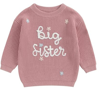 Haomibacu Little Kid Baby Girls Warm Knitted Sweater Big Sister Jumper (Rose Red White, 4-5 Years)