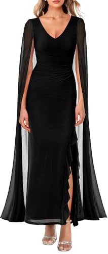 MAYFASEY Vestido formal con cuello en V para mujer, de malla, fruncido, para cóctel, fiesta de noche, graduación, vestido largo con capa