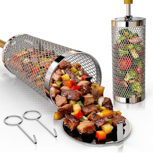 Basinel Rolling Grill Basket 2-Pack,304 Stainless Steel Grill Basket with Removable Wooden Handle,BBQ Tool & Smoker Accessory for Veg & Shrimp,Ideal for Outdoor Cooking,Camping & Gifts for Dad/Husband/Men