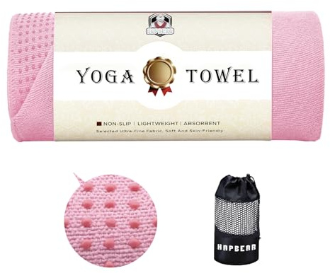 HAPBEAR Hot Yoga Towel with Non-Slip Grip Dots, Super-Absorbent Microfiber Yoga Mat Towel for Sweaty Bikram, Pilates and Studio Workouts - Pink