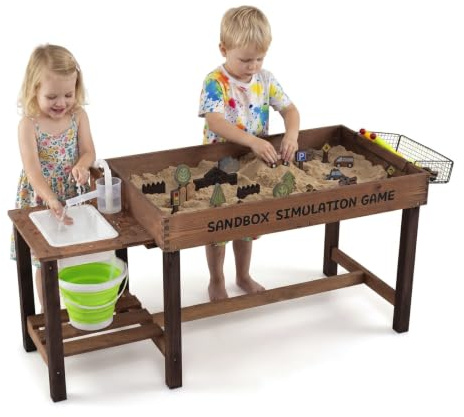 COSTWAY Sensory Table with Water Pump & Sink, Toddler Activity Table | Indoor Outdoor Play Sand and Water Table with 33 Sand Table Toys, Toy Bucket, Shovel and Rake for Boys Girls
