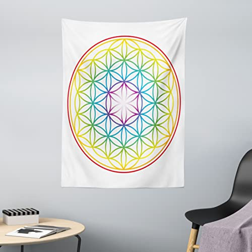 ABAKUHAUS Platz Wandteppich, Leuchtende Blume des Lebens aus Weiches Mikrofaser Stoff Waschbar ohne Verblassen Digitaldruck, 110 x 150 cm,Blau Gelb