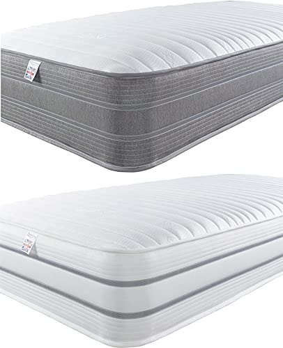Aspire Beds 3 Layer Double Comfort Fillings & AC Aspire-Cool Touch 7 Zone Sleep Surface Hybrid Bonnell Sprung & Memory Fibre Wool Foam Mattress, Grey Border, Shorty (2ft6 x 5ft9)