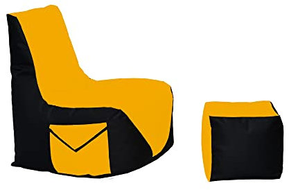 Momiralland Komfort Sitzsack XL - XXL mit Hocker Sitzkissen BodenKissen Sessel In- & Outdoor geeignet Gaming Sitzsack für Erwachsene und Kinder (Schwarz – Gelb, XL - Durchmesser 75 cm)