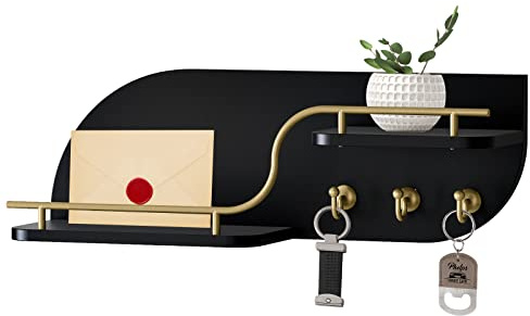 Karisky Key Holder for Wall, Decorative Key and Mail Organizer with 3 Metal Hooks and 2 Shelves, Wood Wall Mounted Key Rack for Entryway, Black