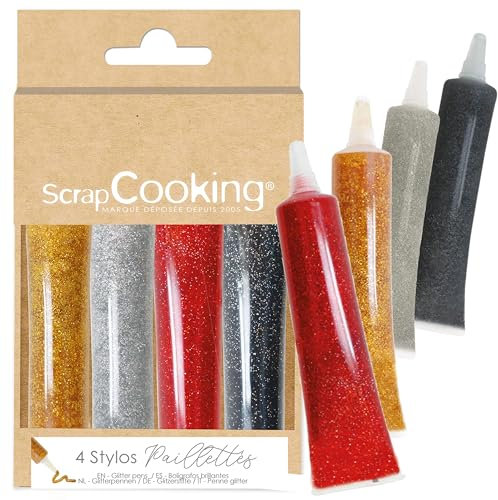 ScrapCooking - 4 Stylos Pailletés - Stylos Alimentaires Doré, Argenté, Rouge & Noir - Crayons Pâtisserie - Colorants Comestibles - Noël, Anniversaire - Écrire & Dessiner sur Gâteaux & Biscuits - 7073