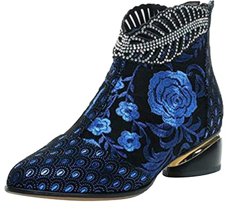 BIISDOST Botas Cortas Bordadas de Patchwork para Mujer, Botines con Cremallera, Zapatos Casuales Occidentales Retro Estilo Vaquero