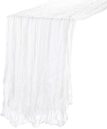 QUARKZMAN 10Ft Tovaglia Tavola Stamigna, 35 x 118 Pollici Rustico Garza Tovaglia Puro Runner per Matrimonio Festa Matrimonio Decorazioni Tavolo, Bianco