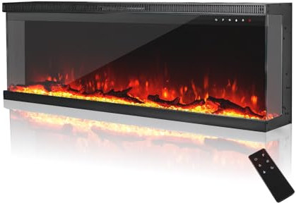 MachenFlame 50 Chimenea eléctrica de 3 Caras, Insertable panorámico de Cristal para Montaje en Pared con Llama de 9 Colores, Calentador de Chimenea Independiente,900W/1800W, Negro