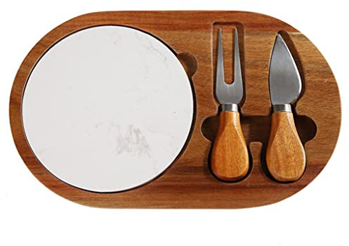 TRoki Elegant Serving Set: Wood and Marble Charcuterie Board with Cheese Knife and Utensils