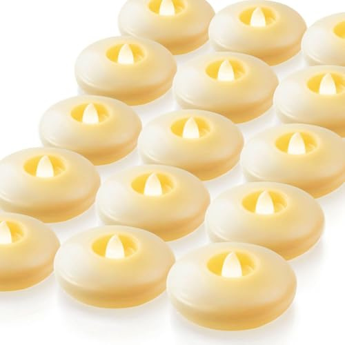 Homemory 24 Pack 3” Flameless Led Floating Candles, 200 Hour Battery Operated Flickering Waterproof Tealights for Cylinder Vases, Centerpieces at Wedding, Party, Pool, Holiday (Ivory Base)