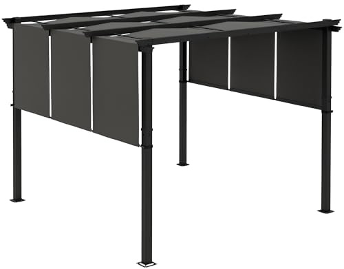 Outsunny Pérgola de Jardín 3x3 m Cenador para Exterior con Techo Retráctil Marco de Acero Impermeable y Anti-UV para Terraza Patio Gris Oscuro